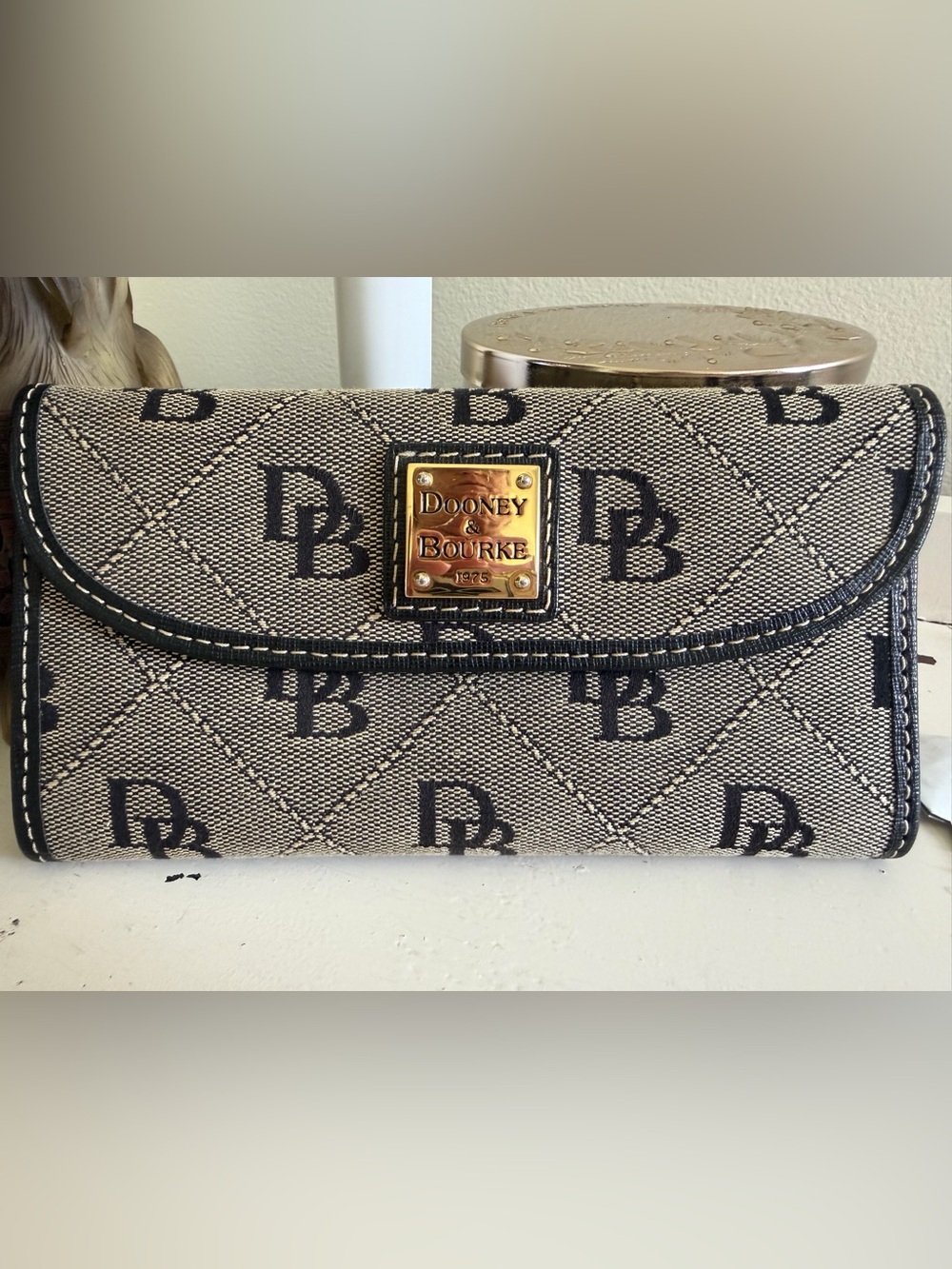 Dooney & Bourke Signature DB Monogram Continental Wallet Black Tan Gold